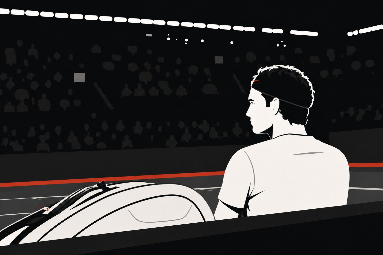Competitive tennis player seated during a reflective changeover in a stadium
