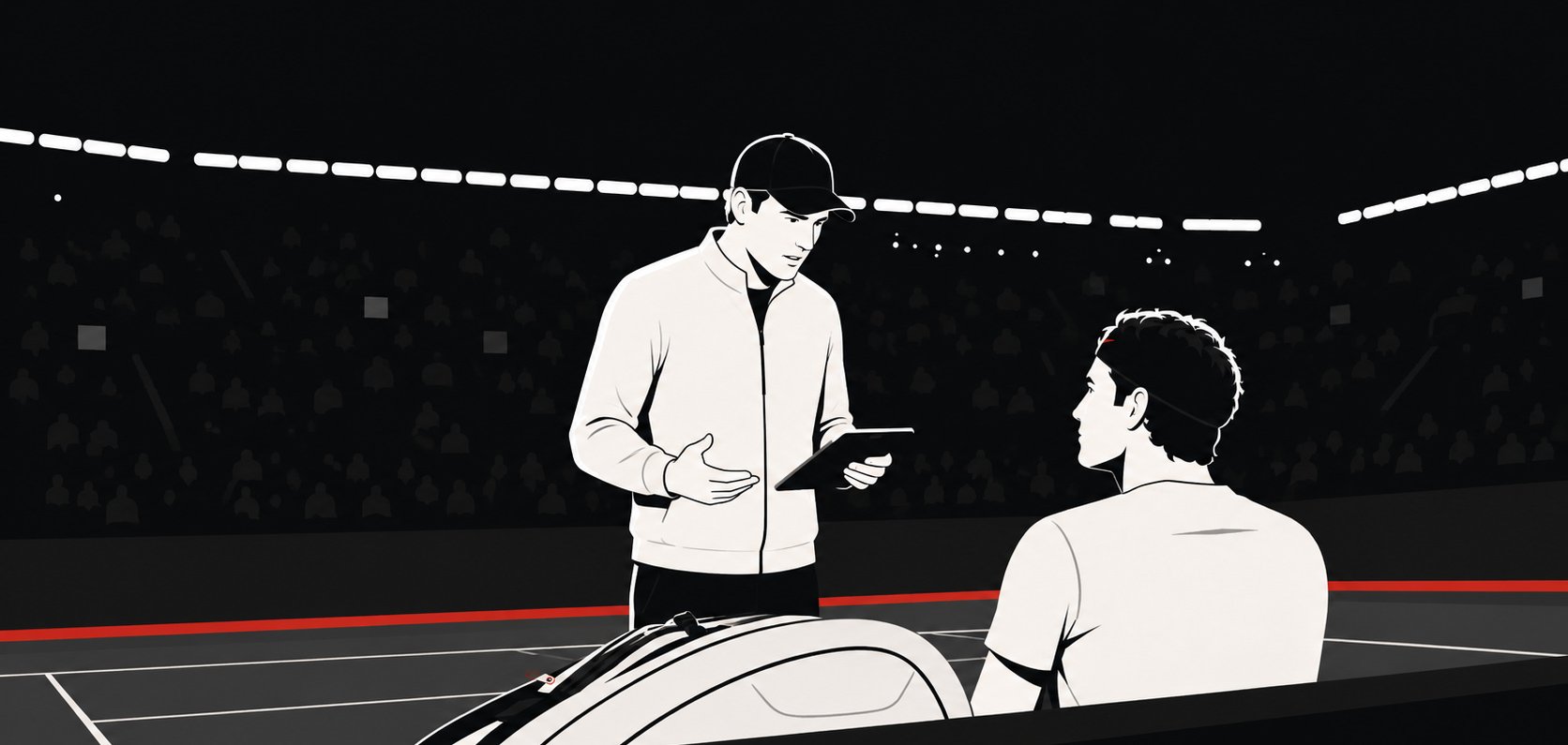Tennis coach and player discussing match performance courtside